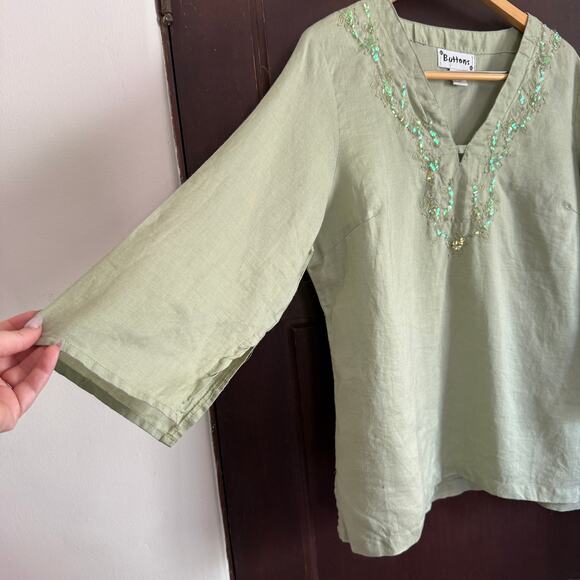 BUTTONS | 90s Vintage Sage Green Sequin V Neck Linen Shirt Tunic | Large - Picture 2 of 8